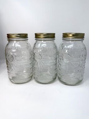 NEW Longaberger Blue Ribbon Quart Canning Jars Set 3 Glass USA w Lids Box